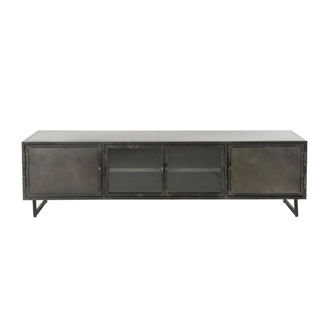 TV-Board Cheol aus dunkelgrauem Metall und Glas, Industrial Design, 4 Türen, 180 cm breit