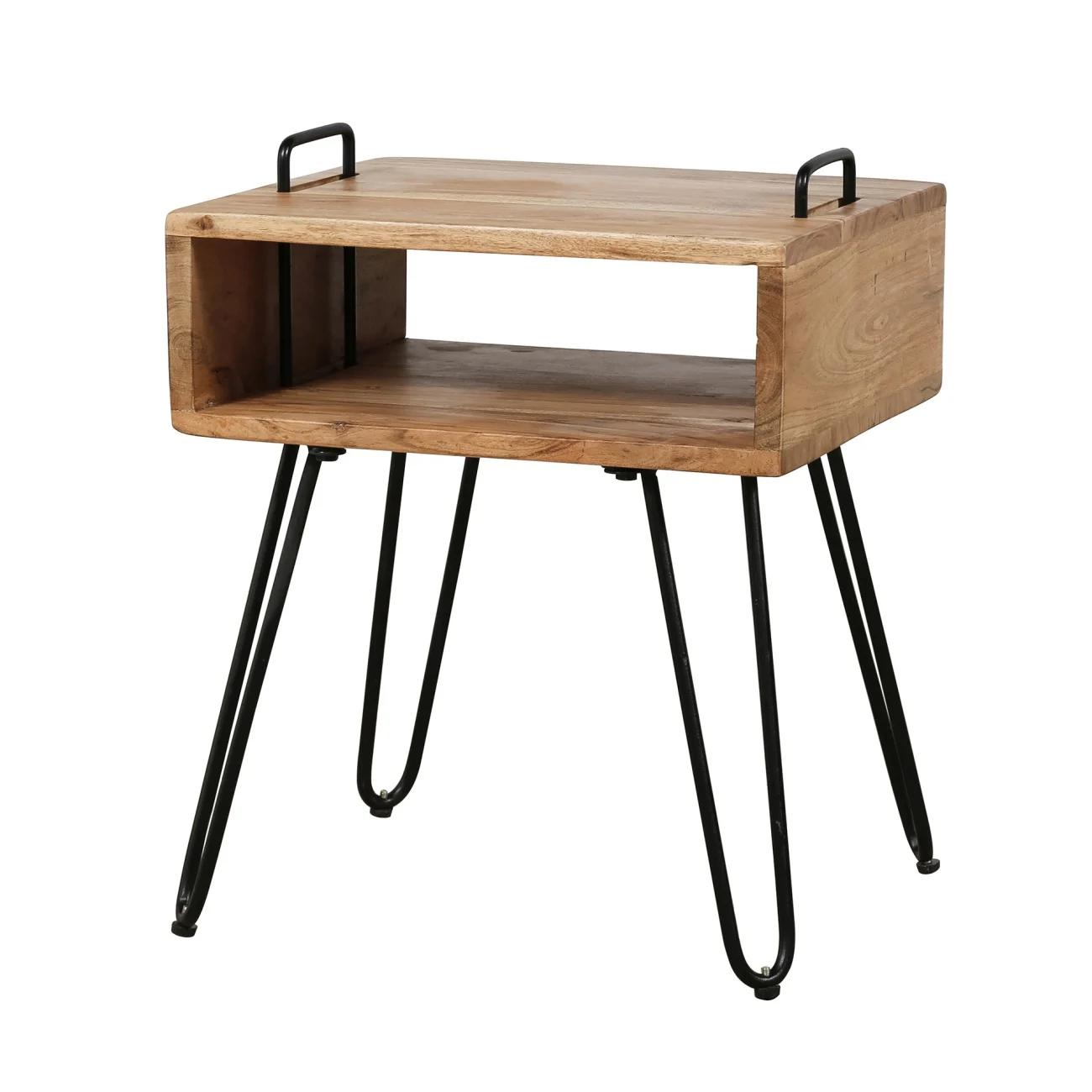 Nachttisch Hatzila Akazienholz massiv, modernes Design mit offenem Fach, natur, Metallgestell - Feeling4Home