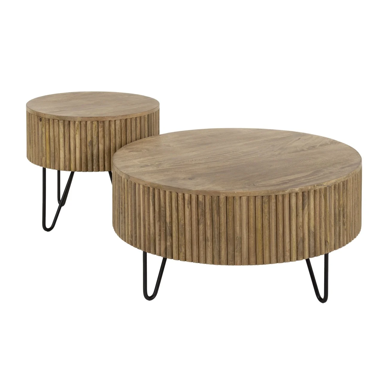 Couchtisch 2er-Set Vagula aus Mangoholz, Wellenmuster, modern rund, natur, Hairpin-Beine