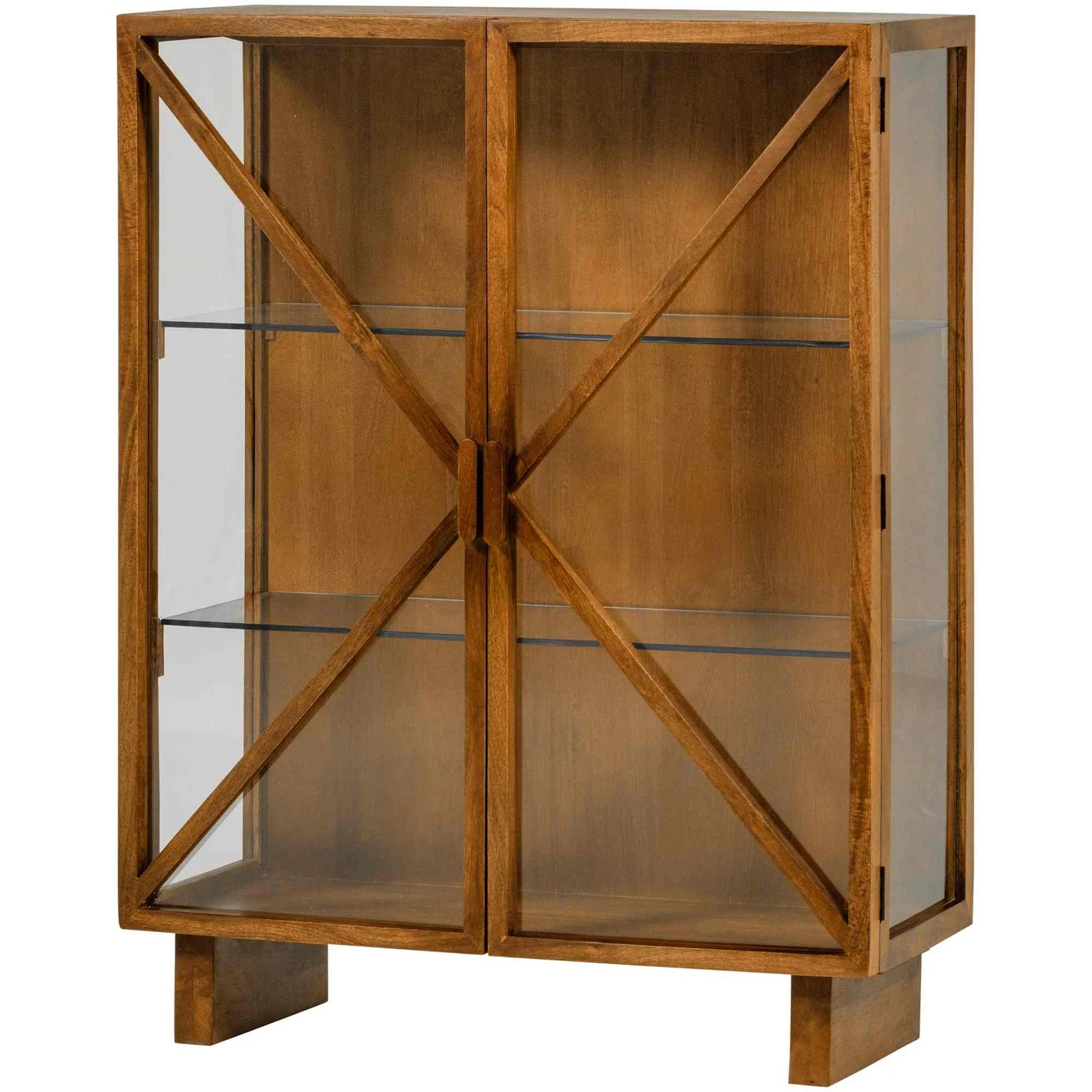 Vitrine Mangoholz modern, 2-türig mit Glastüren und Ablagefächern, natur, 100 x 44 x 132 cm