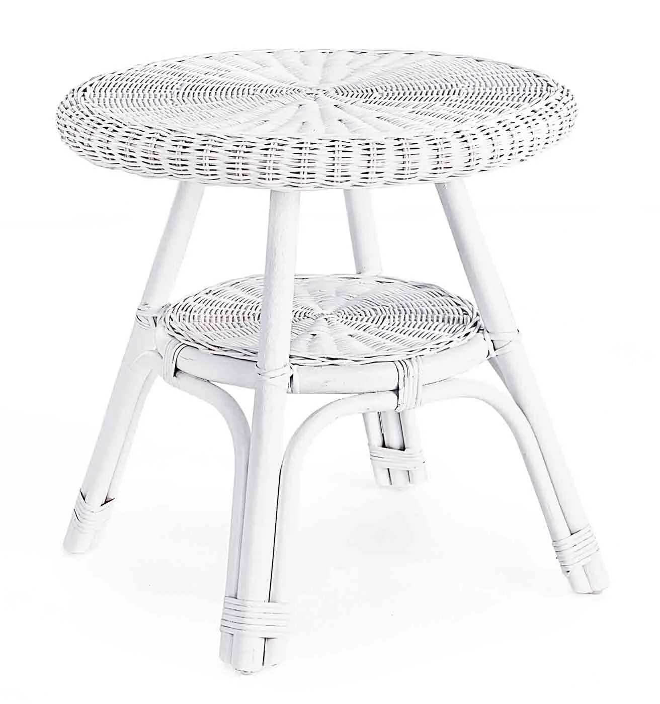 Beistelltisch Alliss aus Rattan, rundes Design im Boho Stil, Weiß, pflegeleicht und montiert - Bizzotto