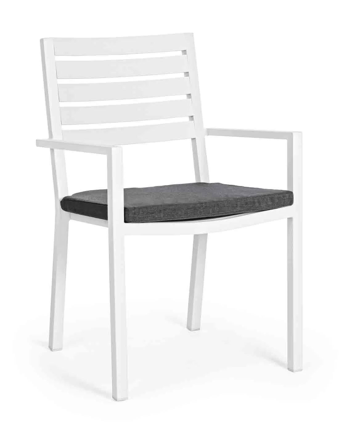 Gartenstuhl Helina aus Aluminium, modern und stapelbar mit Armlehne, weiß, inkl. Kissen - Bizzotto