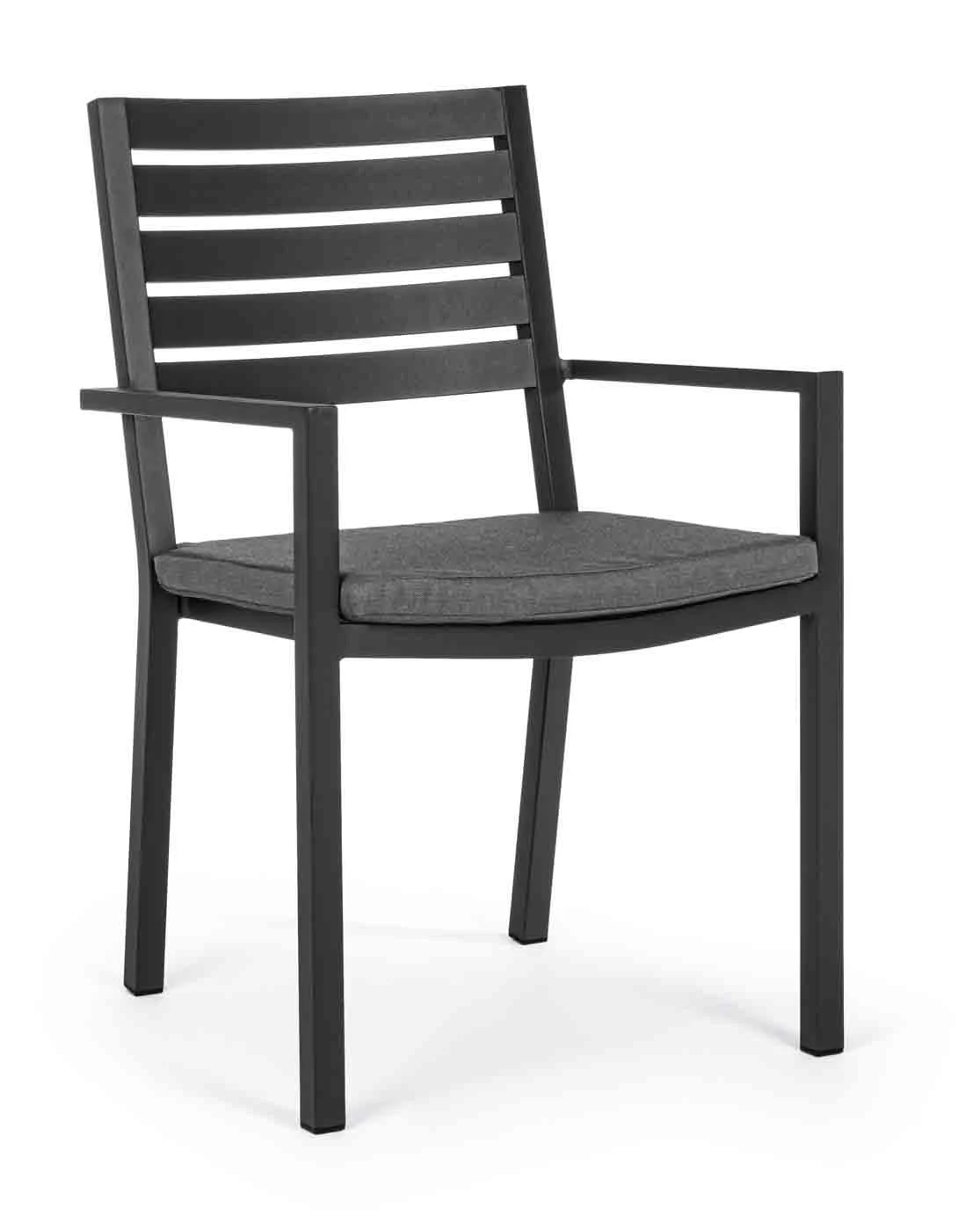 Gartenstuhl Helina Aluminium stapelbar mit Armlehne, modern, gepolstertes Outdoor-Design, anthrazit