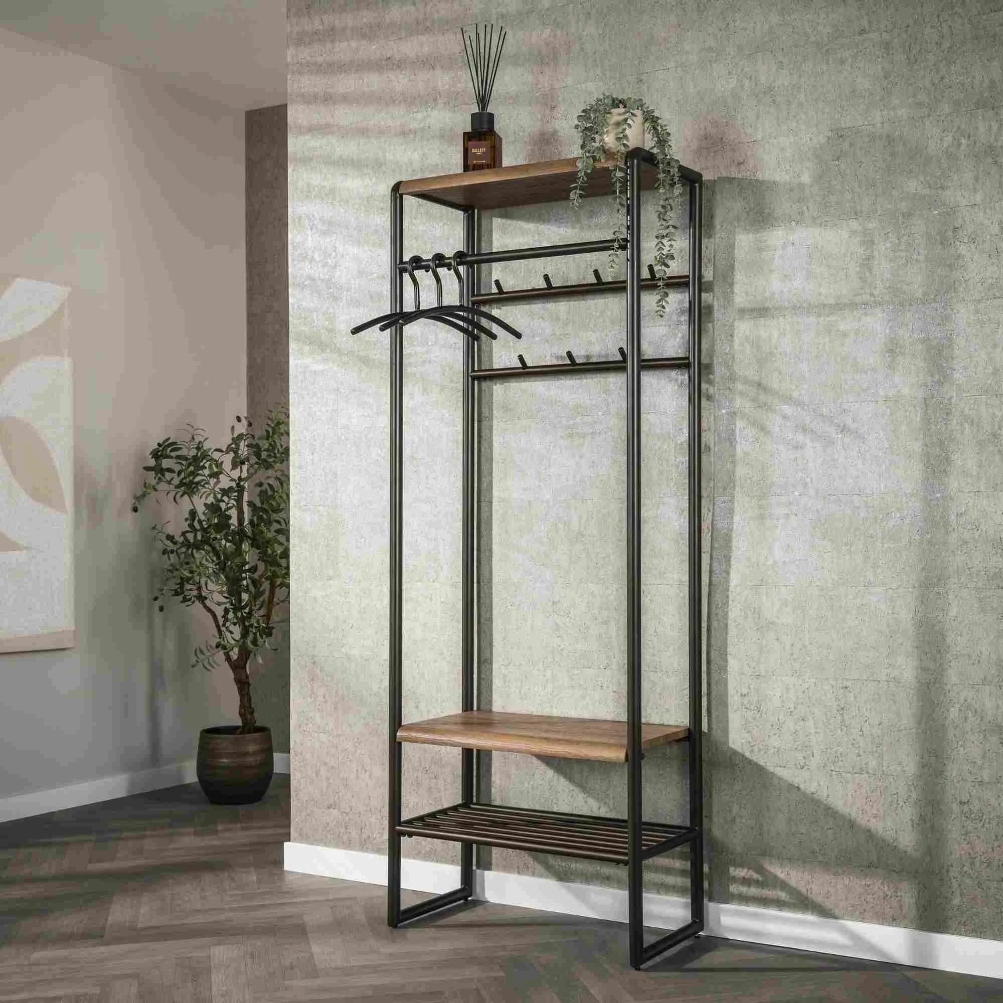 Garderobenmöbel Onul 70 cm Metall Bronze mit Ablagen in Eichenoptik - Feeling4Home