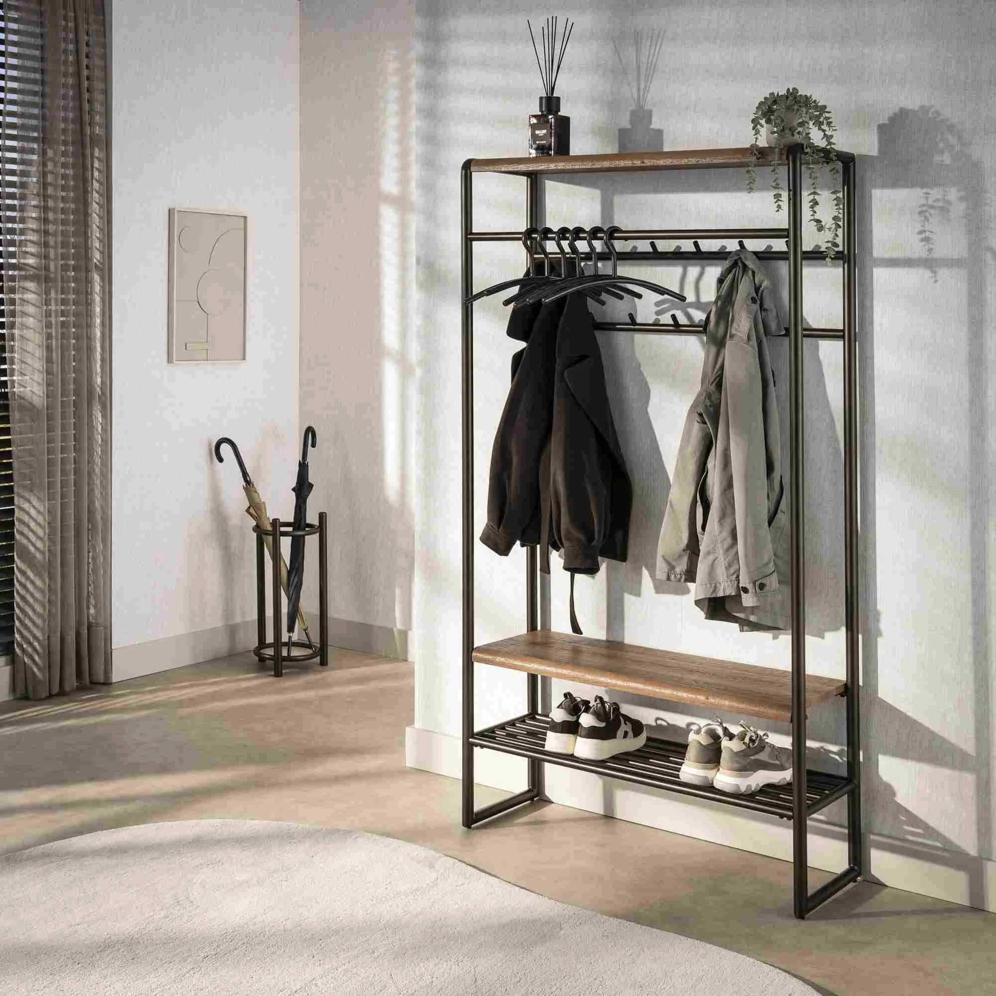 Garderobenmöbel Onul 100 cm Metall Bronze mit Ablagen in Eichenoptik - Feeling4Home