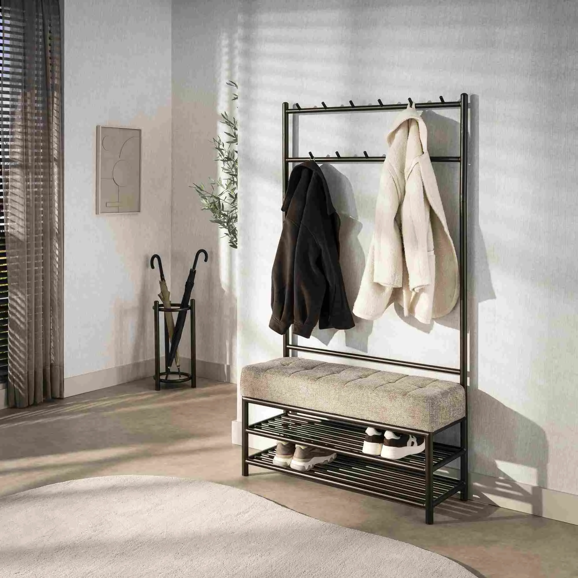 Garderobenbank Onul Bronze mit Sitzfläche und 11 Haken, 100 cm - Feeling4Home