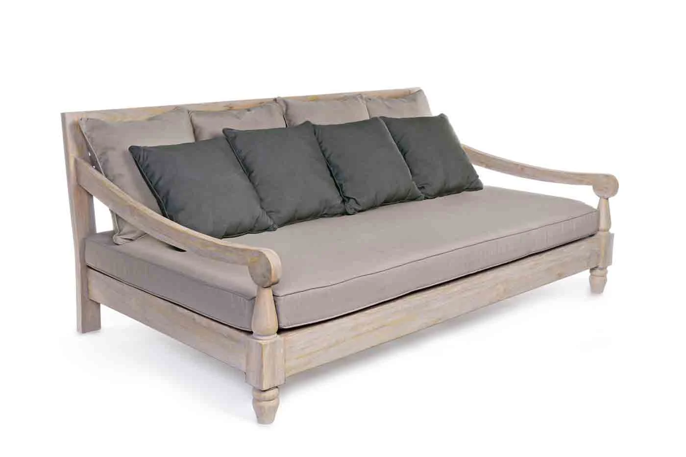 Daybed Bali aus Teakholz, modern gepolstert mit Kissen, natur, Outdoor-Lounge für Dein Zuhause