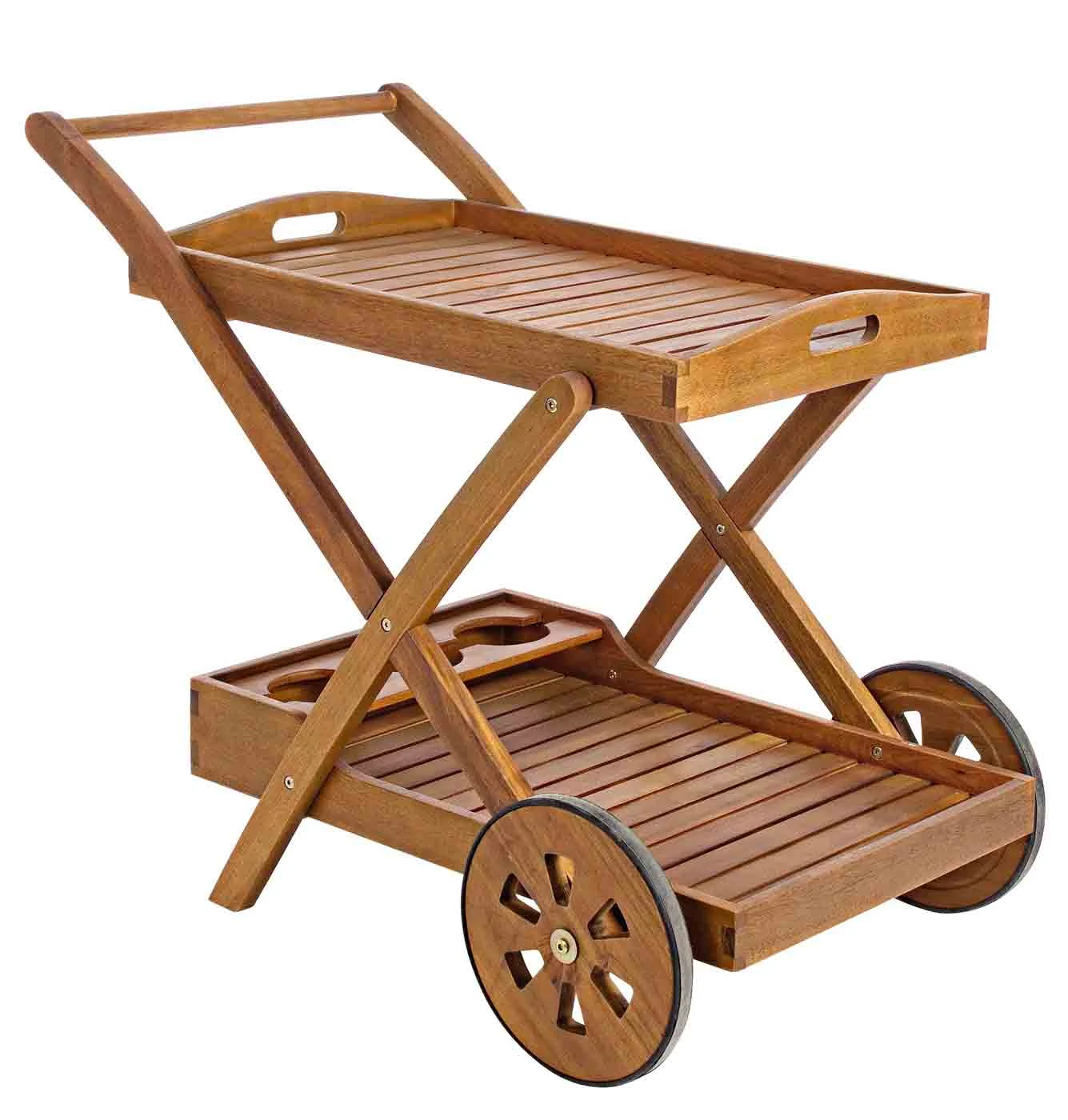 Servierwagen Noemi aus Akazienholz, klassisch, geölt, mit Rädern und Getränkehalter, natur - Bizzotto