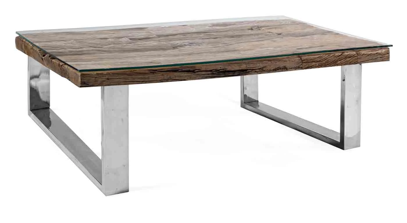Couchtisch Stanton aus recyceltem Holz mit Glasplatte, modern, quadratisch, Natur, 100 cm - Bizzotto