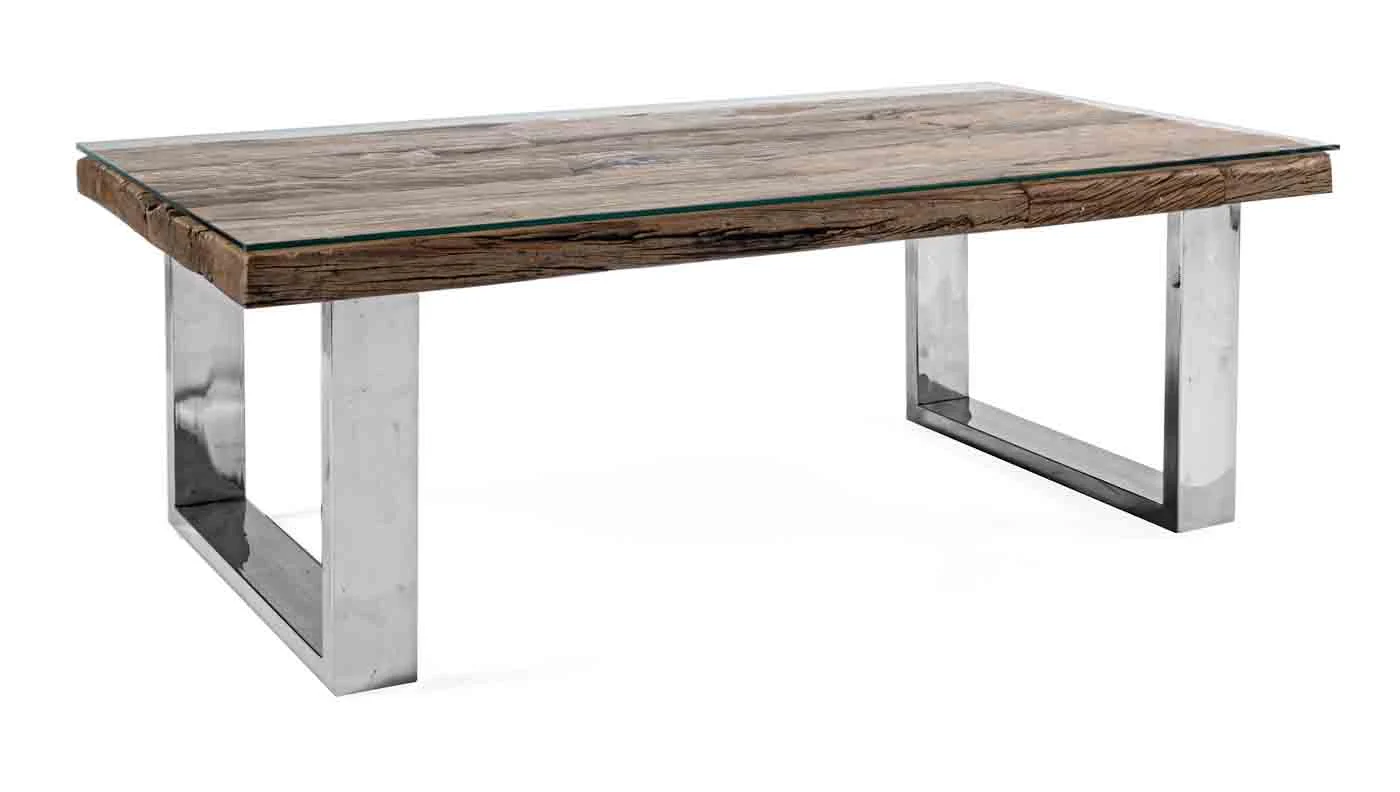 Couchtisch Stanton aus recyceltem Holz mit Glasplatte, modern, rechteckig, natur, 110 cm - Bizzotto