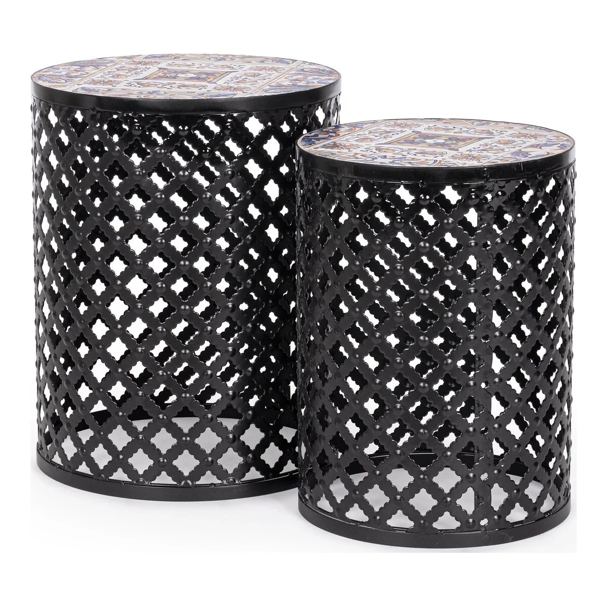 2er-Set Gartenbeistelltisch Mykonos - Metall & Keramik, Ø 30 / 35 cm