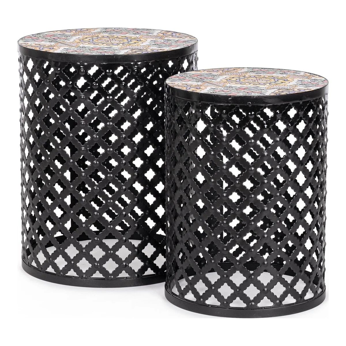 2er-Set Gartenbeistelltisch Santorini - Metall & Keramik, Ø 30 / 35 cm