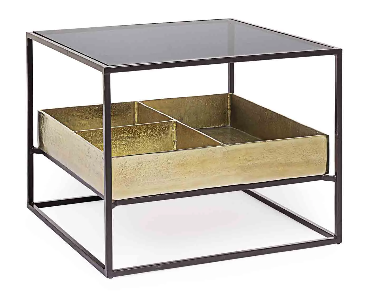 Beistelltisch Mavila aus Stahl und Glas, modern, schwarz-gold, quadratisch, 62 cm