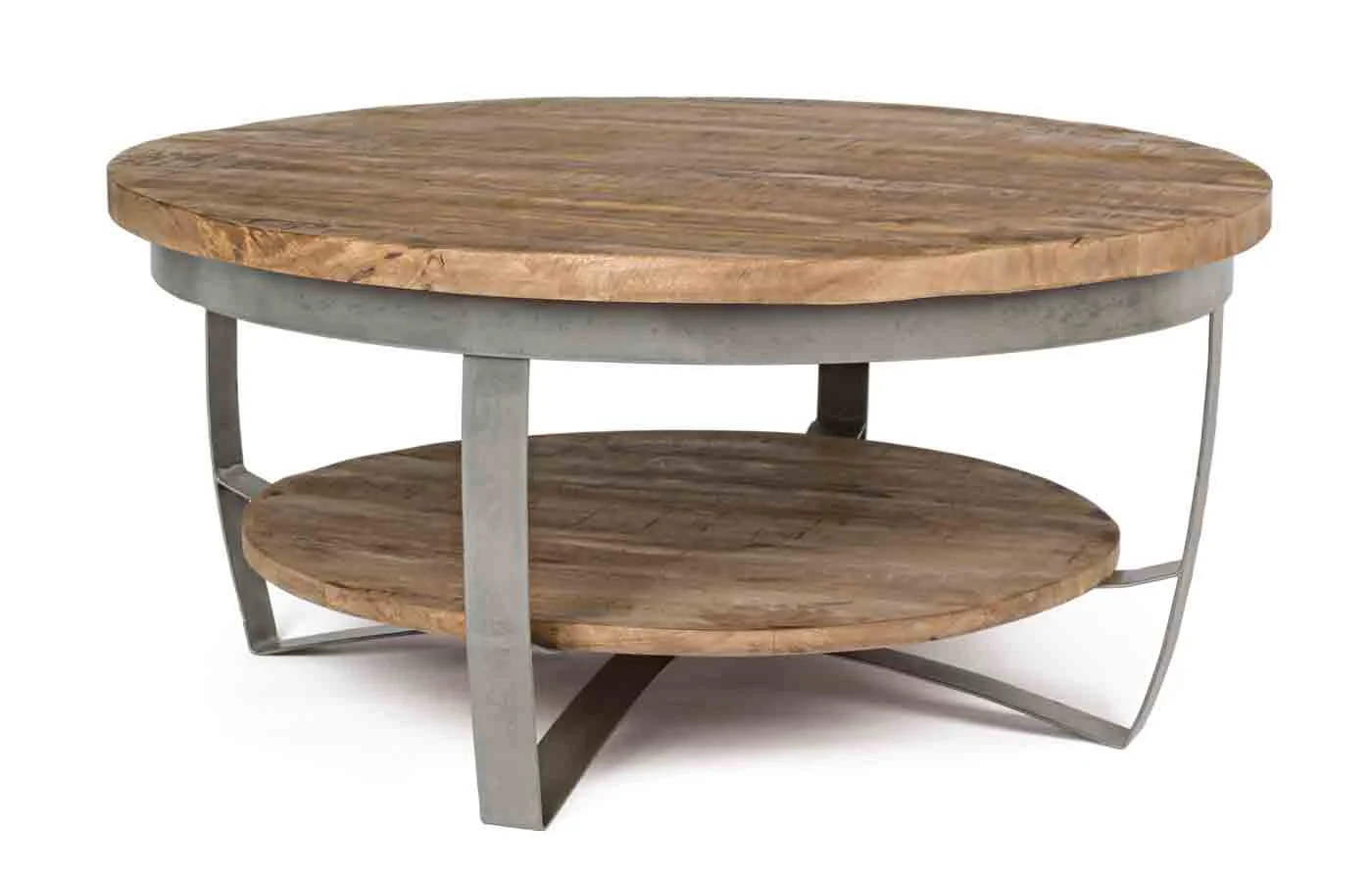 Couchtisch Narvik aus Mangoholz, rundes Industrial Design, natur, Metallgestell grau, Ø 90 cm - Bizzotto