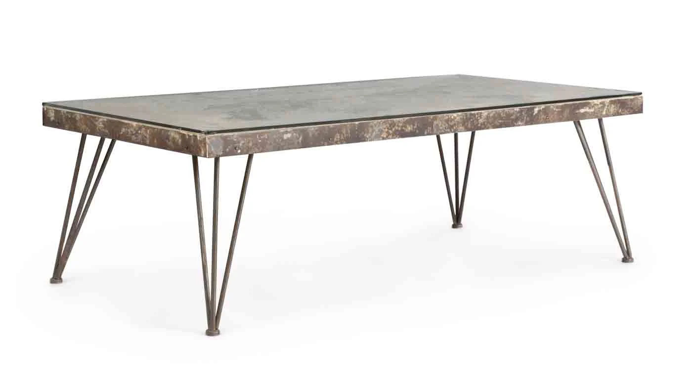Couchtisch Atlantique aus Stahl und Glas, klassisches Design, natur, Weltkarten-Dekor, 140x75 cm