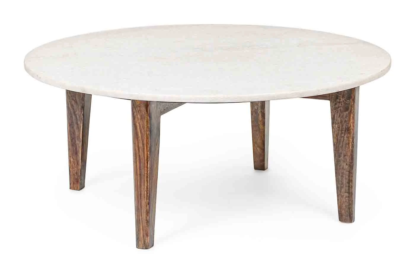 Beistelltisch Sylvester aus Marmor, rundes Design mit Mangoholz-Gestell, klassisch, weiß, Ø 75 cm