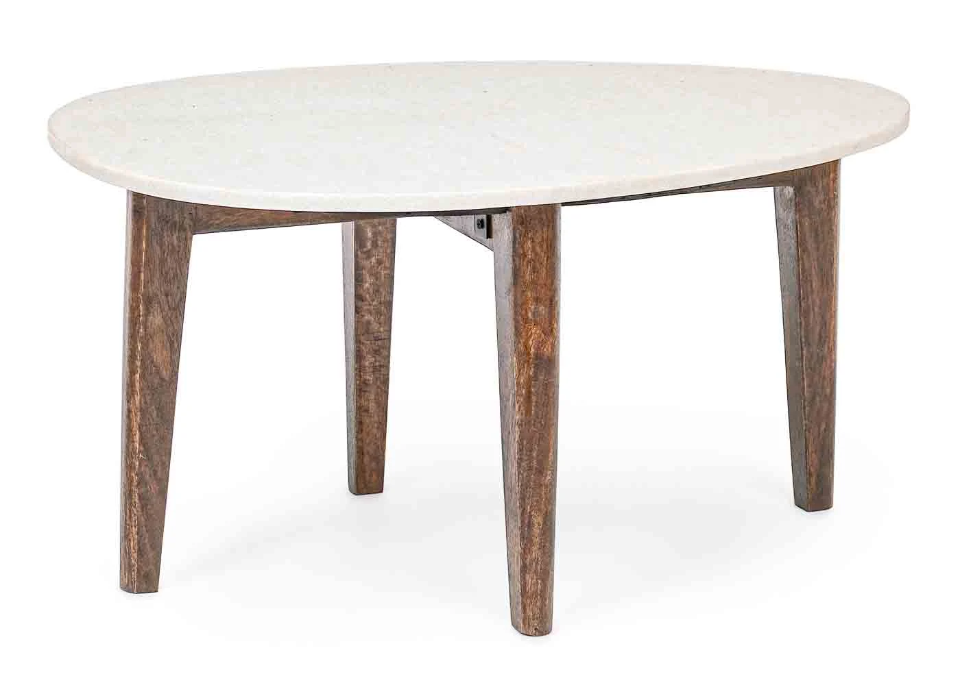 Beistelltisch Sylvester aus Marmor, klassischer Stil, weiß, oval, Gestell Mangoholz natur - Bizzotto