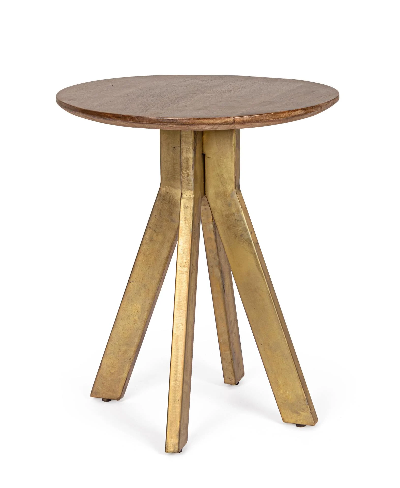 Beistelltisch Sherman aus Mangoholz, rundes Design, klassisch, natur mit goldfarbenem Gestell, Ø 50 cm - Bizzotto
