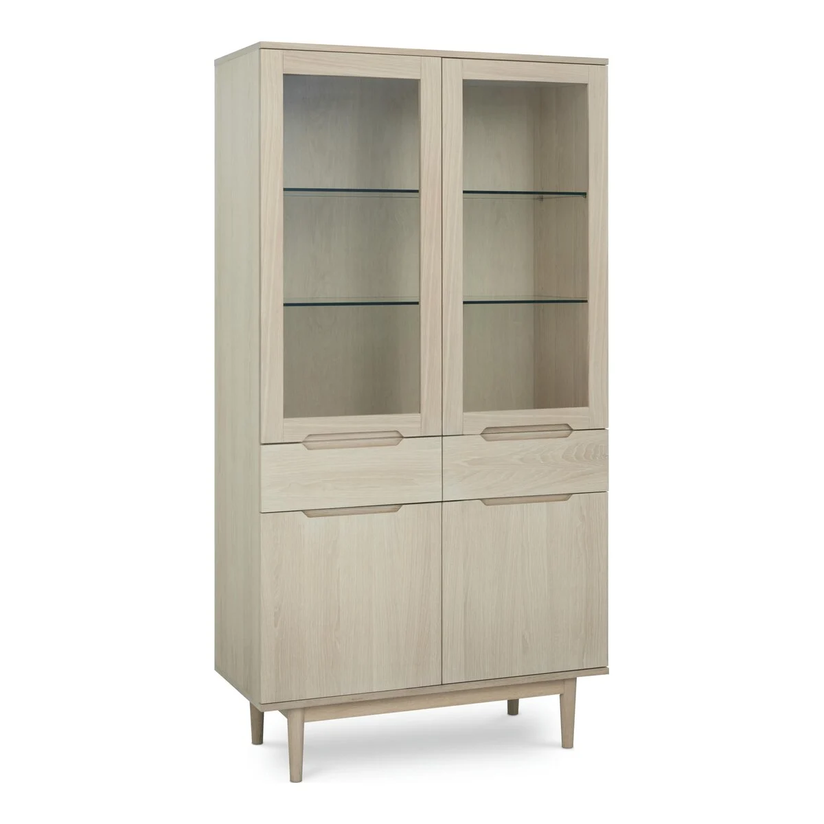 Vitrine Enimeta 190cm Eiche Whitewash - 4 Türen, 2 Schubladen, LED & Soft-Close