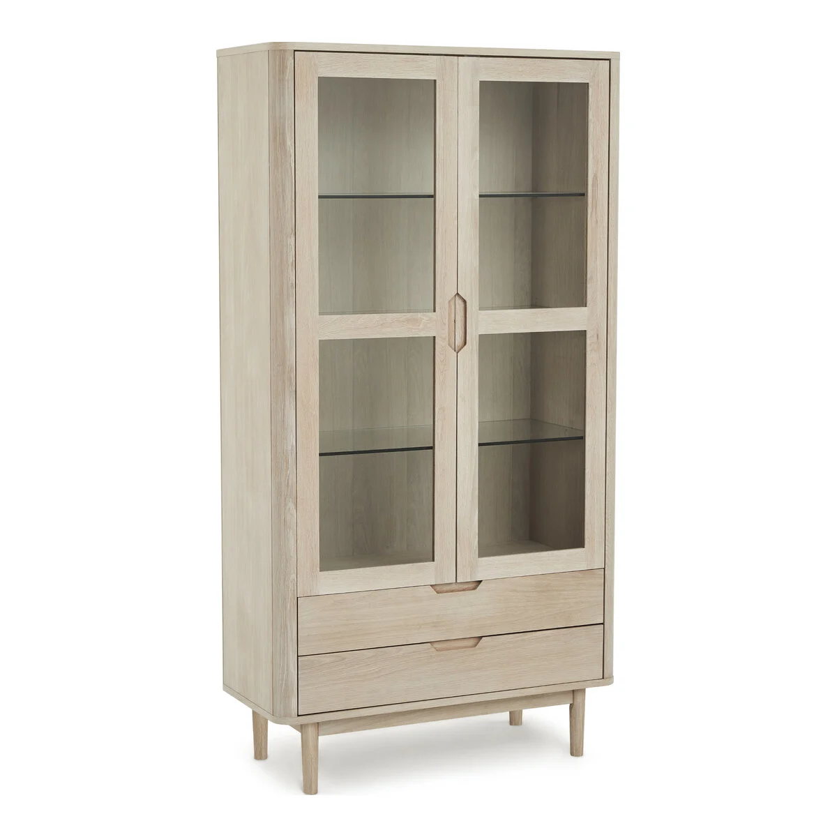 Vitrine Gorbin 190 cm Eiche Whitewash - 2 Türen, 2 Schubladen, LED & Soft-Close