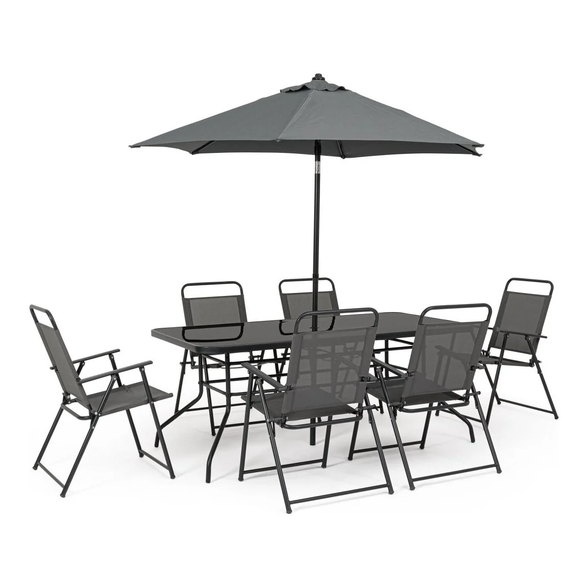 Garten-Set Pompei aus Metall, klassisch, anthrazit, mit Tischplatte aus Glas und Sonnenschirm
