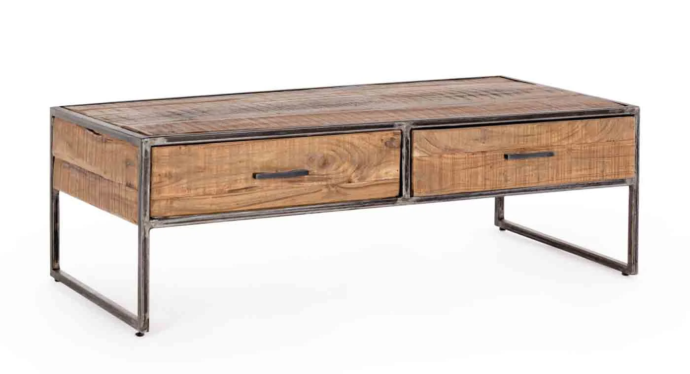 Couchtisch Elmer aus Akazienholz und Stahl, klassisches Design mit Stauraum, natur, rechteckig - Bizzotto