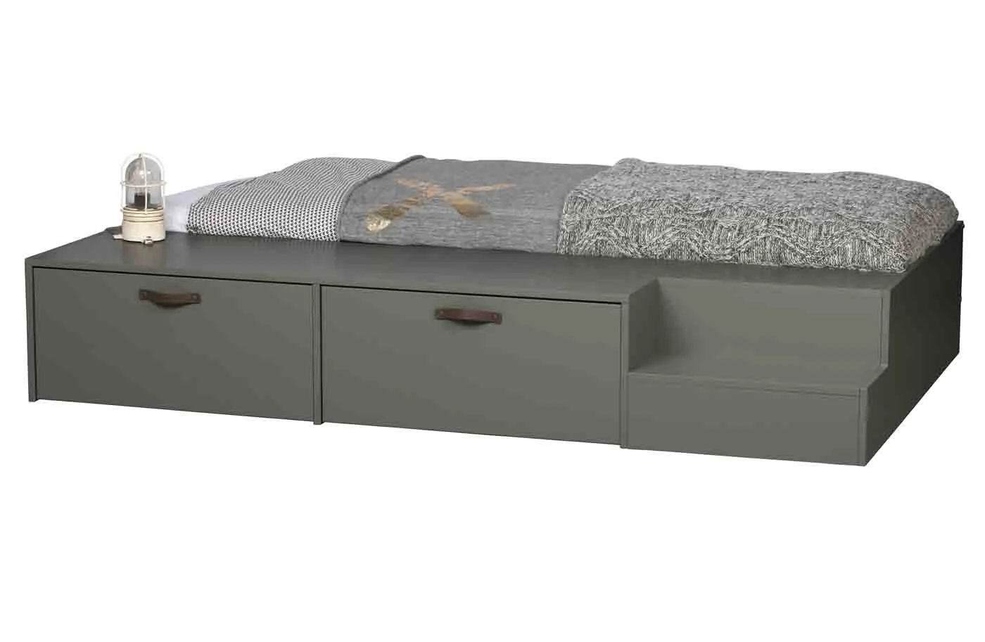 Bettgestell Stage 80x200 cm Kiefernholz, modern, Dunkelgrün Soap, praktische Holzkante, Schubladen - VTwonen