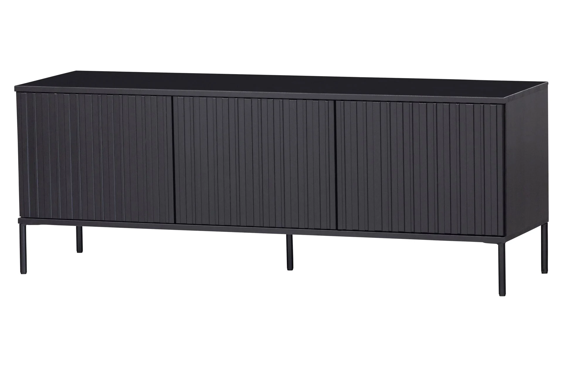 TV Board Gravure aus Kiefernholz, modernes Design mit Linienmuster, Schwarz, 150 cm breit - Woood