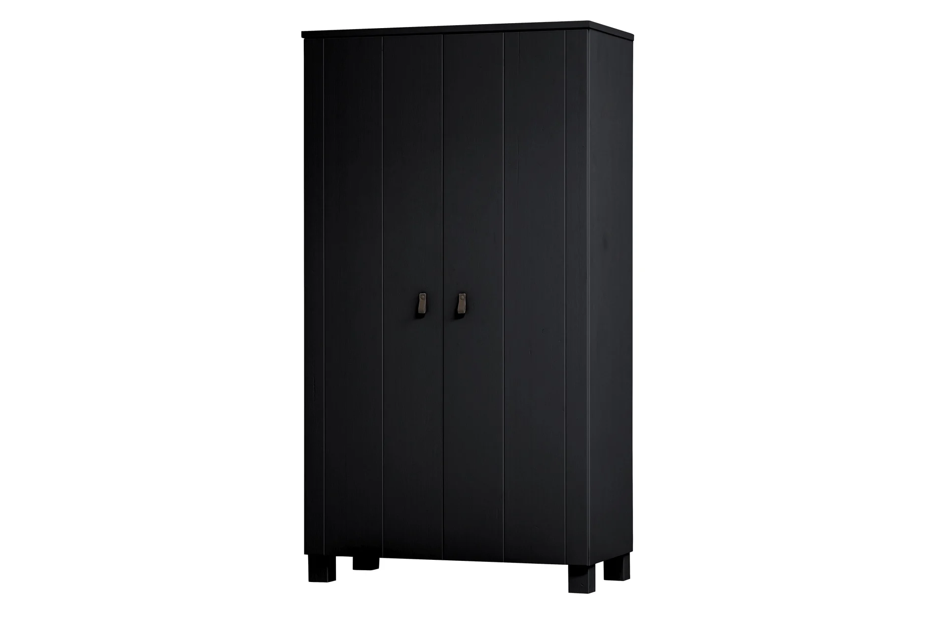 Kleiderschrank Ties aus Kiefernholz, modern, Schwarz, mit Ledergriffen und 2 Türen - Woood