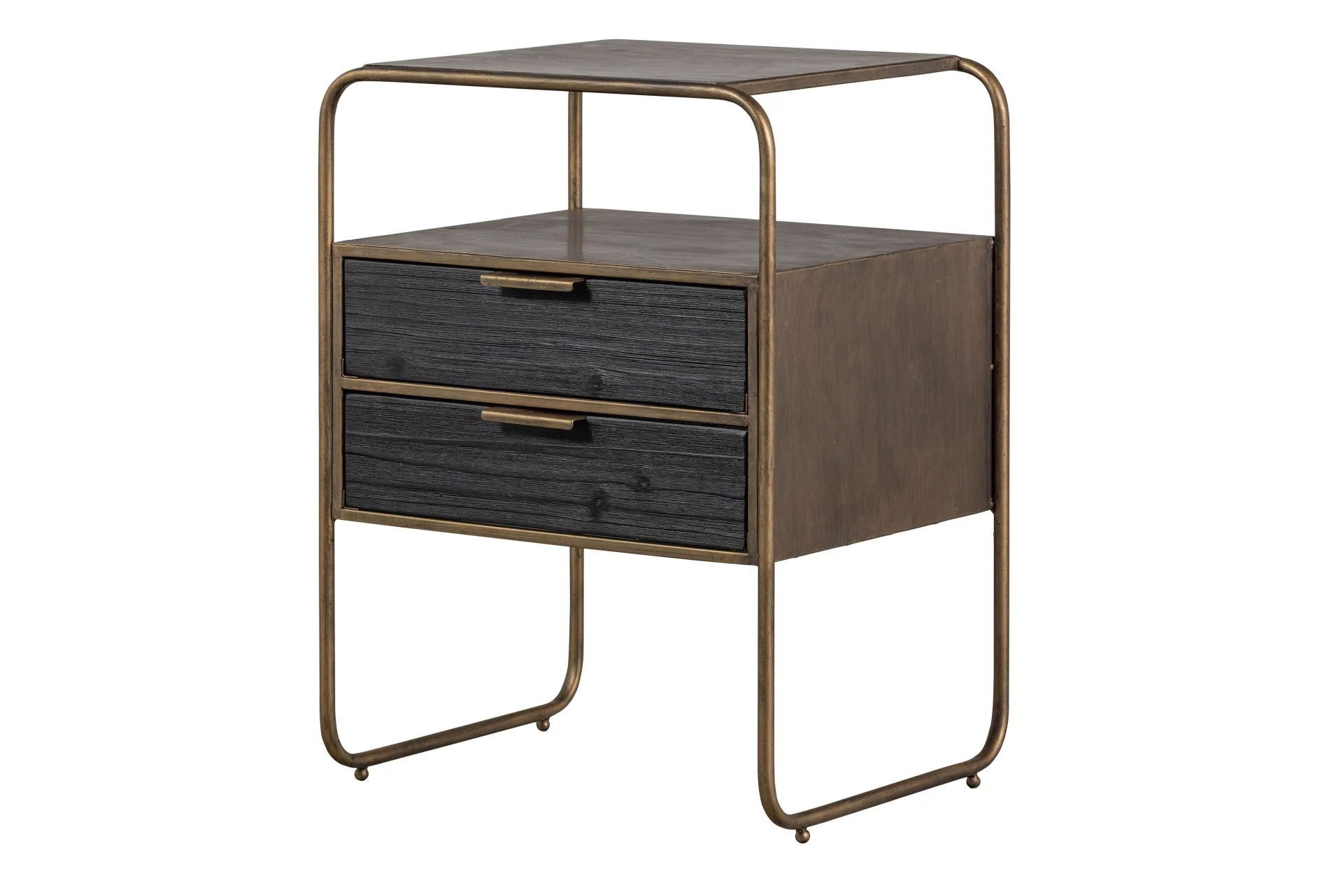 Nachttisch Polite aus Holz und Metall, elegant, Gold Messing, zwei Schubladen, pulverbeschichtet - Woood