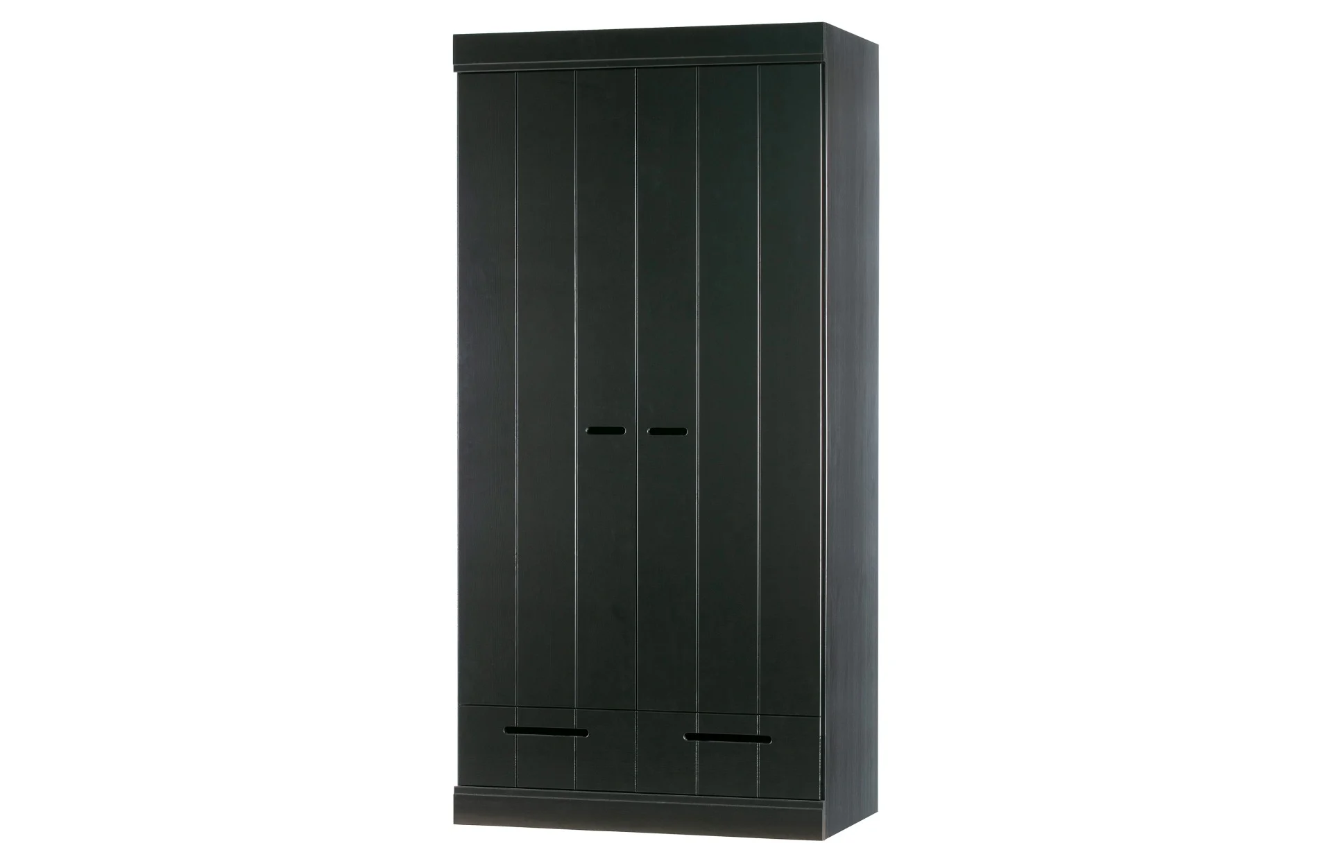 Kleiderschrank Connect aus Kiefer, mit Schubladen und Anschlagtüren, modern, schwarz lackiert - Woood