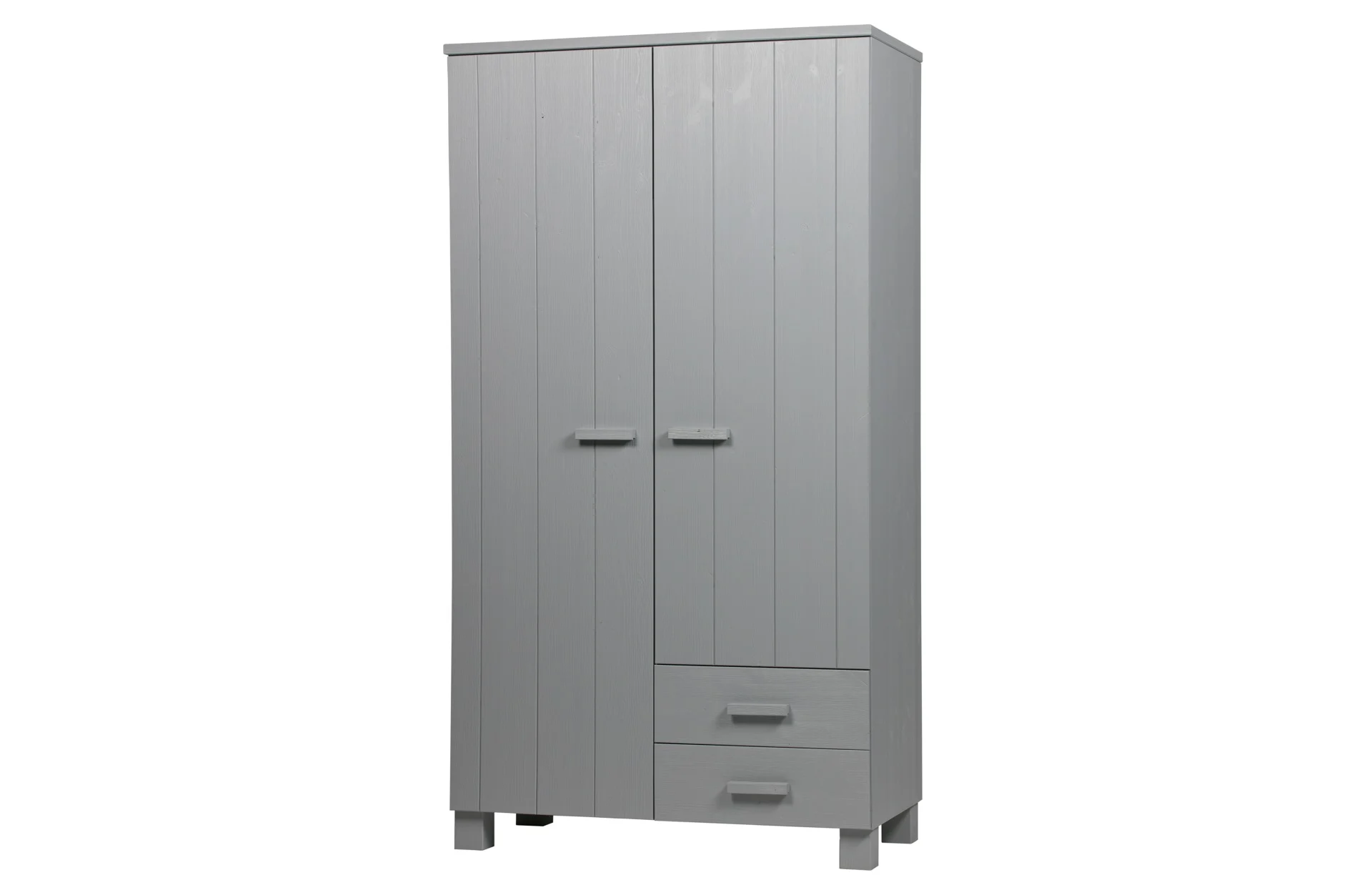 Kleiderschrank Dennis aus Kiefernholz, modernes Design, hellgrau, mit Türen und Schubladen - Woood