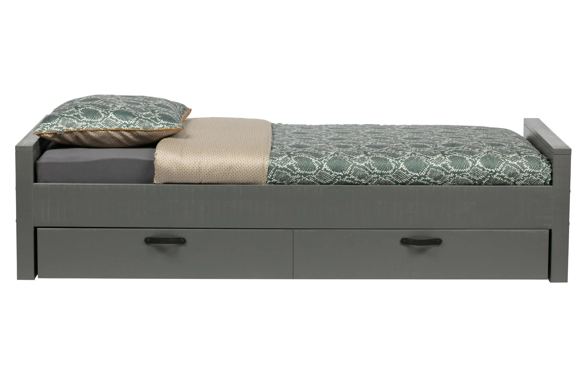 Bettgestell Morris Kiefernholz, modern, lehm dunkelgrau, FSC-zertifiziert, optional mit Aufbewahrungsschublade