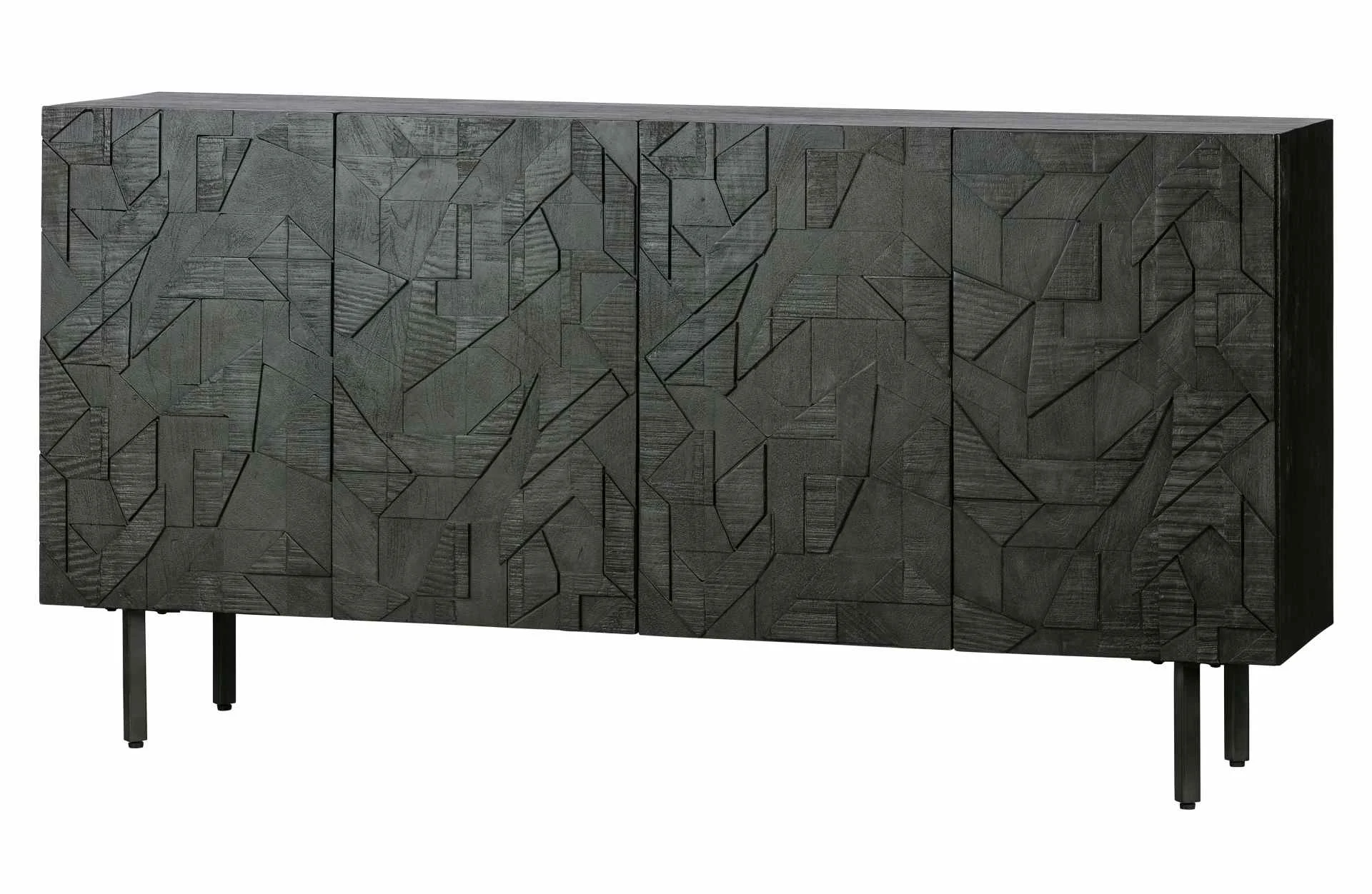 Sideboard Counter Mangoholz und Metall, modern, schwarz, mit Push-to-Open-System, 160x40x83 cm