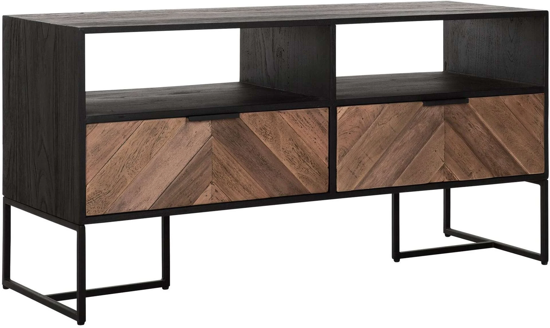 TV-Board Criss Cross aus Teakholz, modern massiv, natur schwarz, 120 cm, mit 2 Schubladen