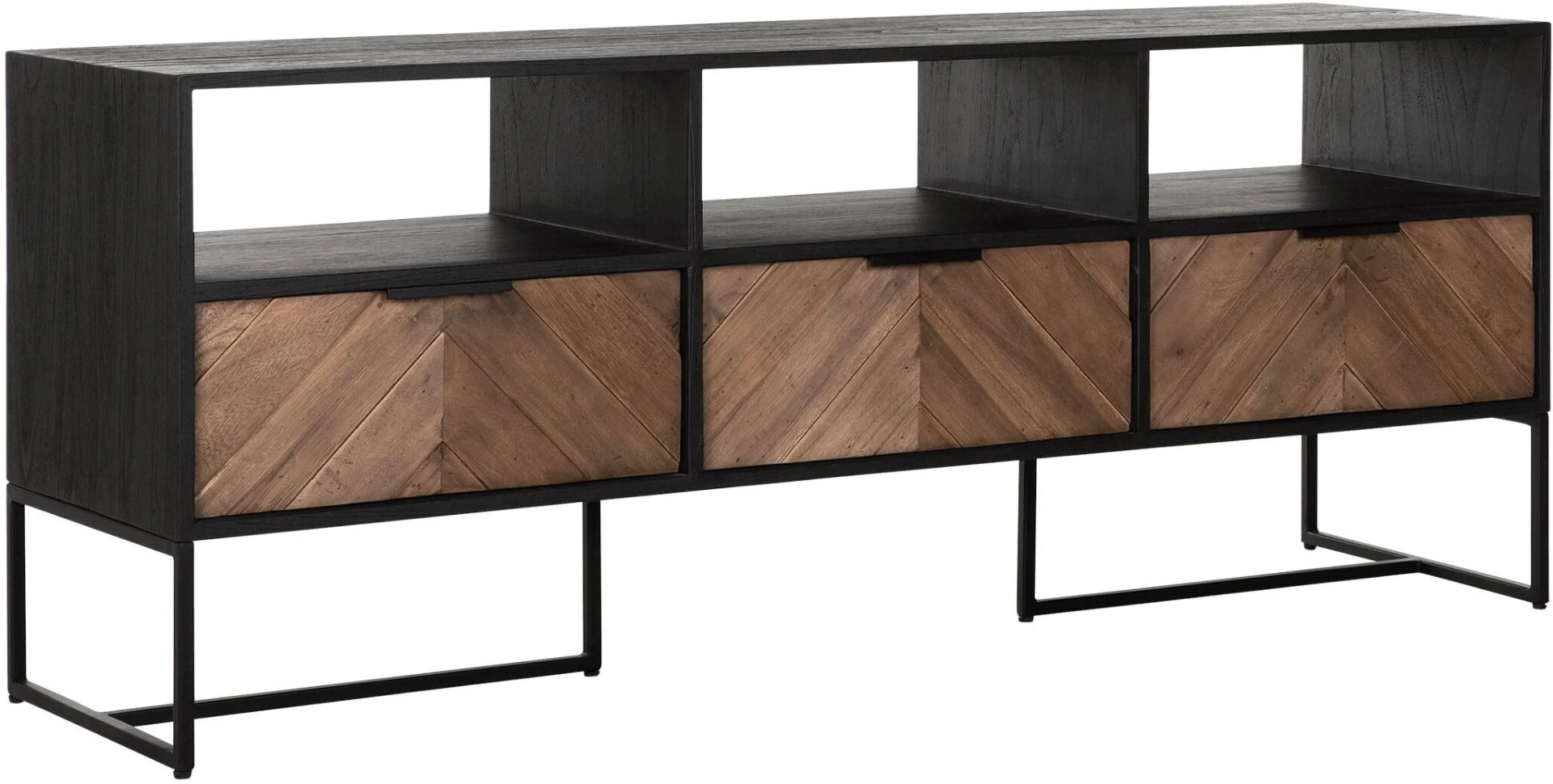 TV-Board Criss Cross aus Teakholz, modern massiv, Natur Schwarz, 150 cm Breite, 3 Schubladen