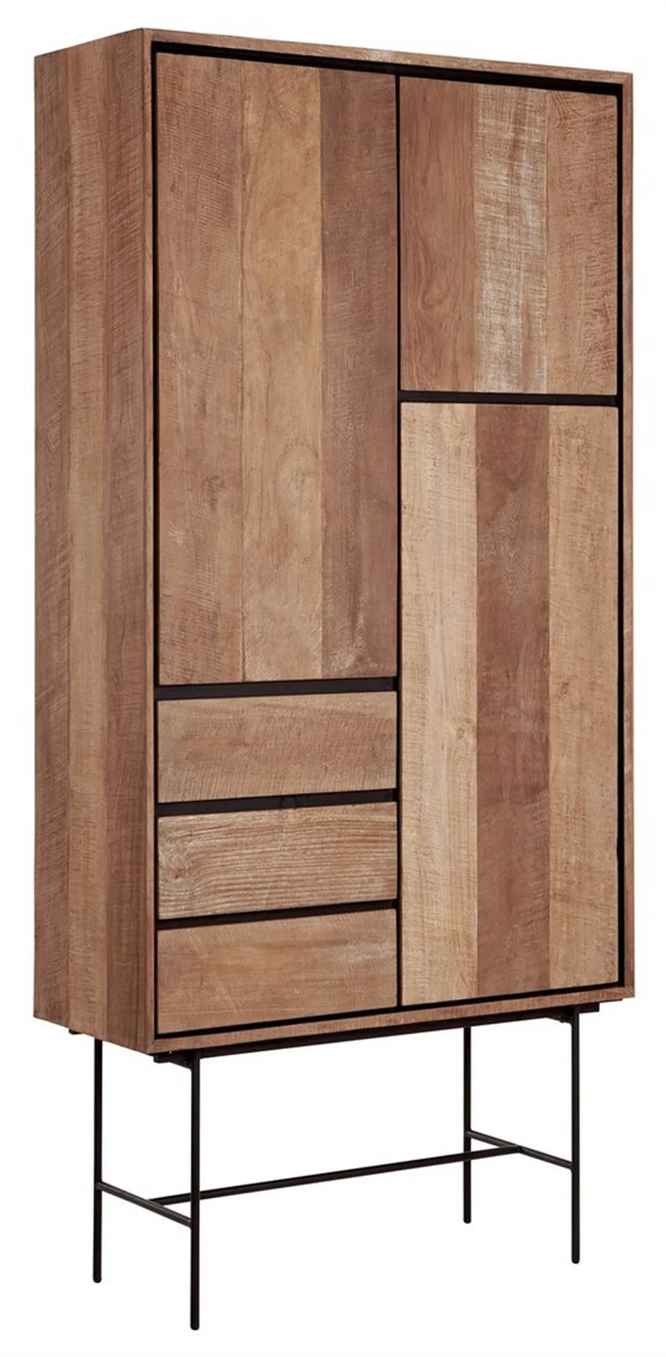 Vitrine Schrank Metropole High, Teakholz massiv, modern, Natur, Gestell Schwarz, 3 Türen, 3 Schubladen - dtp Home