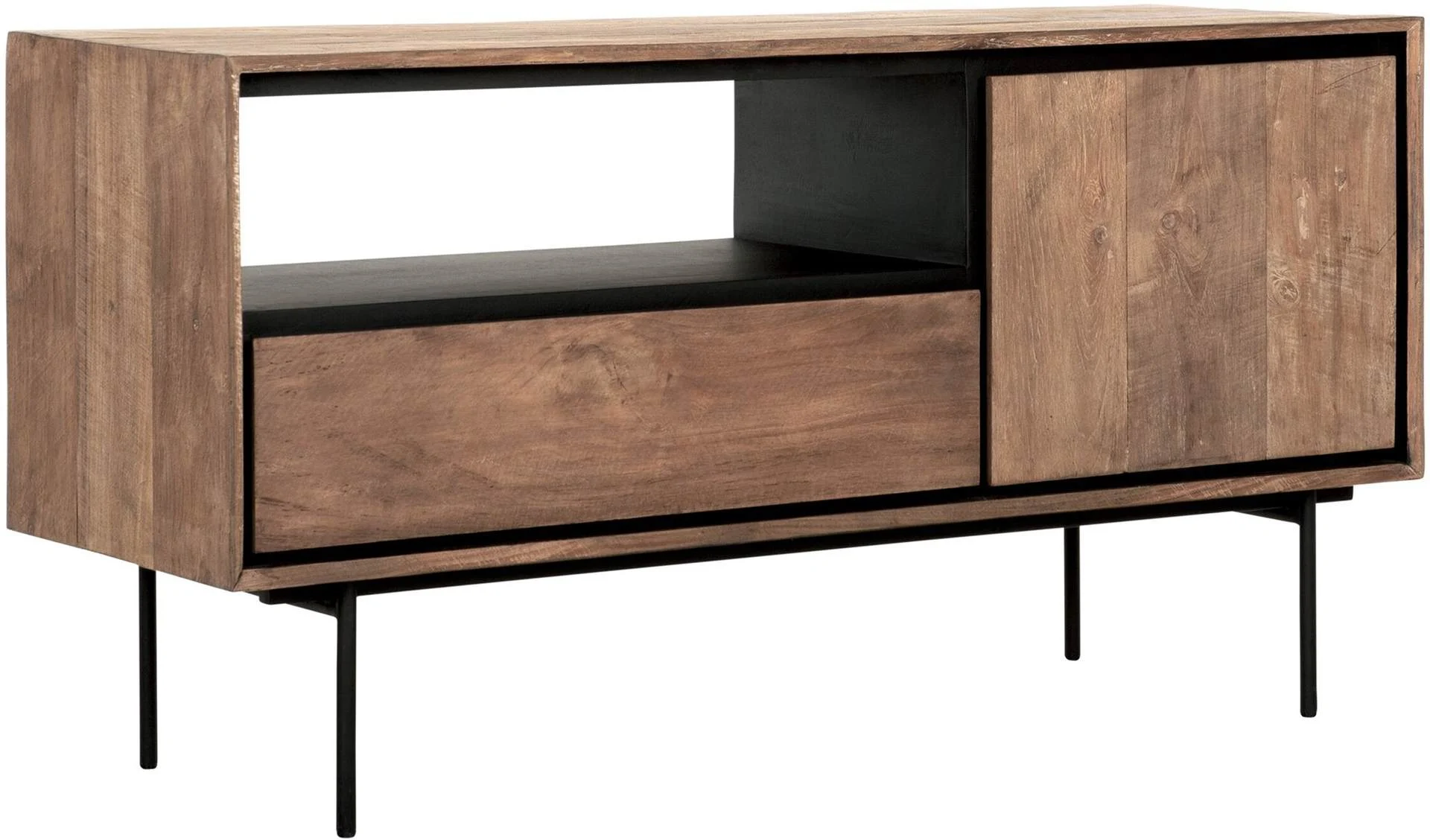 TV-Board Metropole aus Teakholz, Industrial Stil, naturfarben, 115 cm, Metallgestell