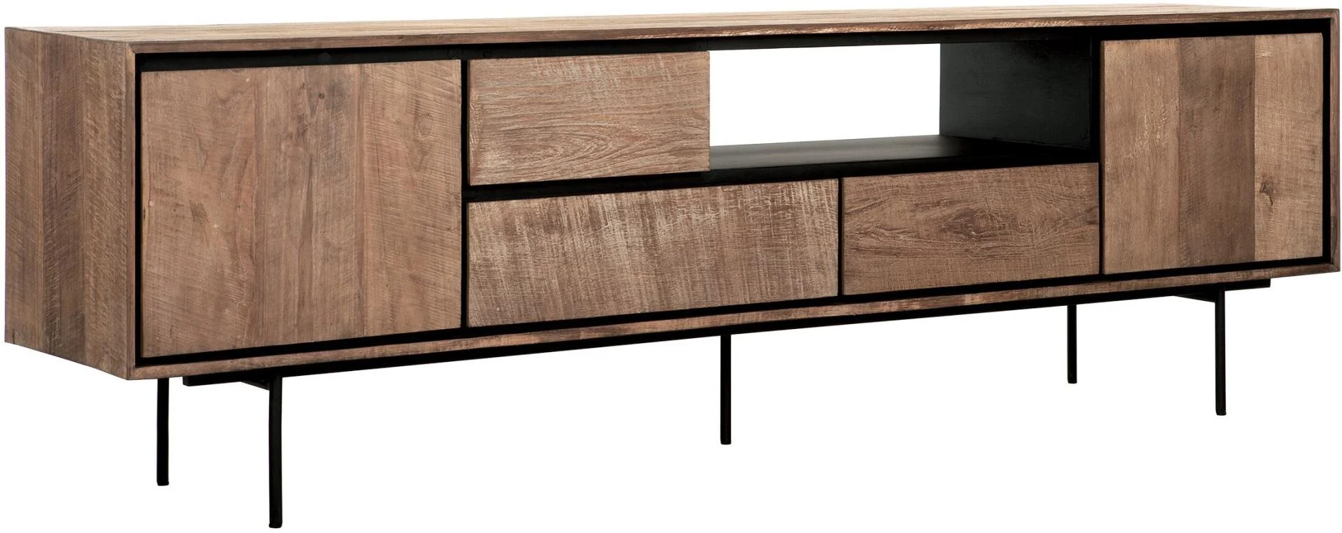 TV-Board Metropole aus Teakholz, Industrial Design, natur, 195 cm, Metallgestell, 3 Schubladen, 2 Türen