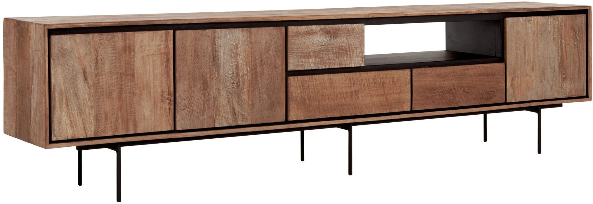 TV-Board Metropole, Teakholz und Metall, Industrial Stil, natur, 235 cm, drei Schubladen und Türen