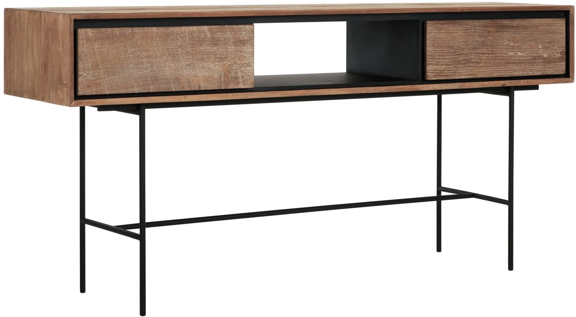 Konsole Metropole aus Teak und Metall, Industrial Stil, natur, mit 2 Schubladen und 1 Fach - dtp Home