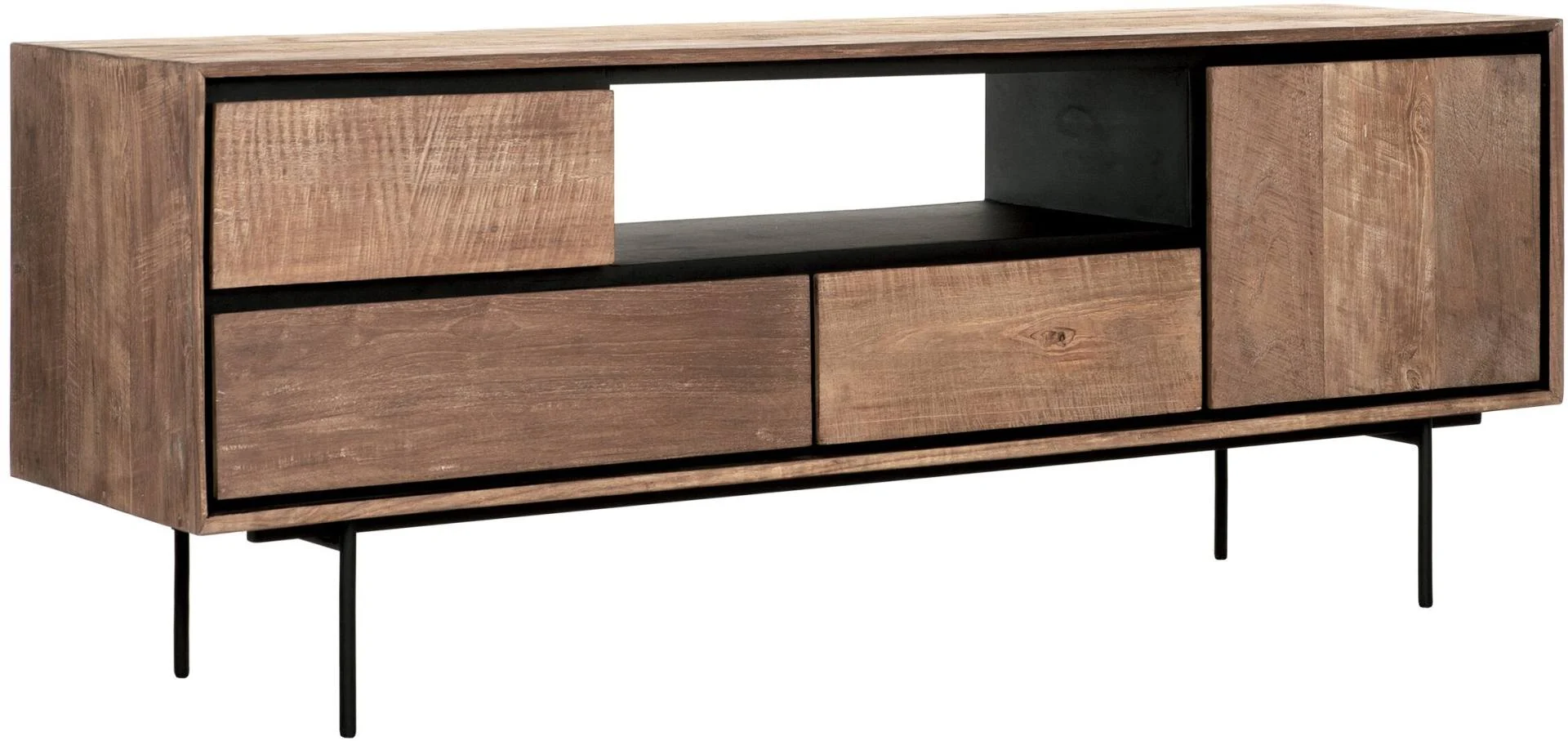TV-Board Metropole aus Teakholz, Industrial Design, naturfarben, 155 cm breit, Metallgestell