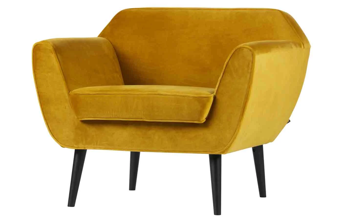 Sessel Rocco aus Samt, modern und gepolstert, Gelb Ocker, elegantes Buchenholz-Gestell