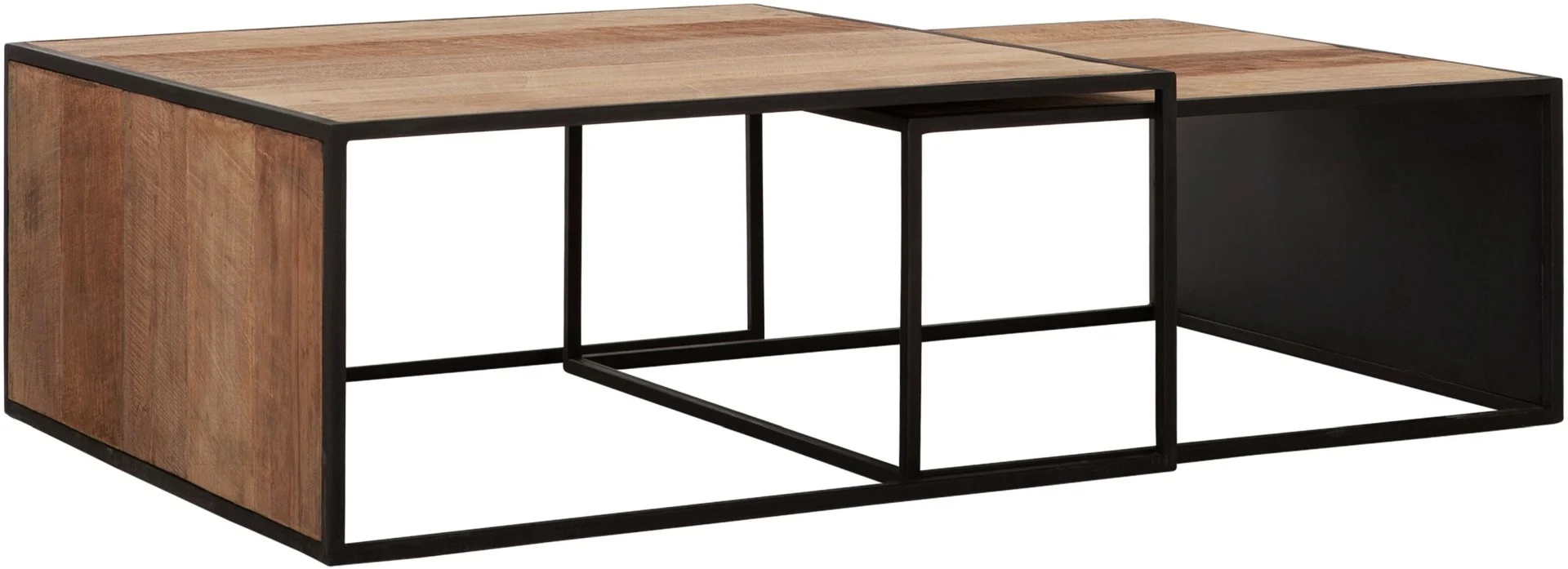 Couchtisch Cosmo 2er-Set Teakholz, modern industrial Design, natur, Metallgestell schwarz