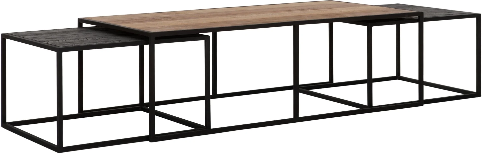 Couchtisch Cosmo 3er-Set Teakholz Metall, modern industriell, natur schwarz, rechteckig