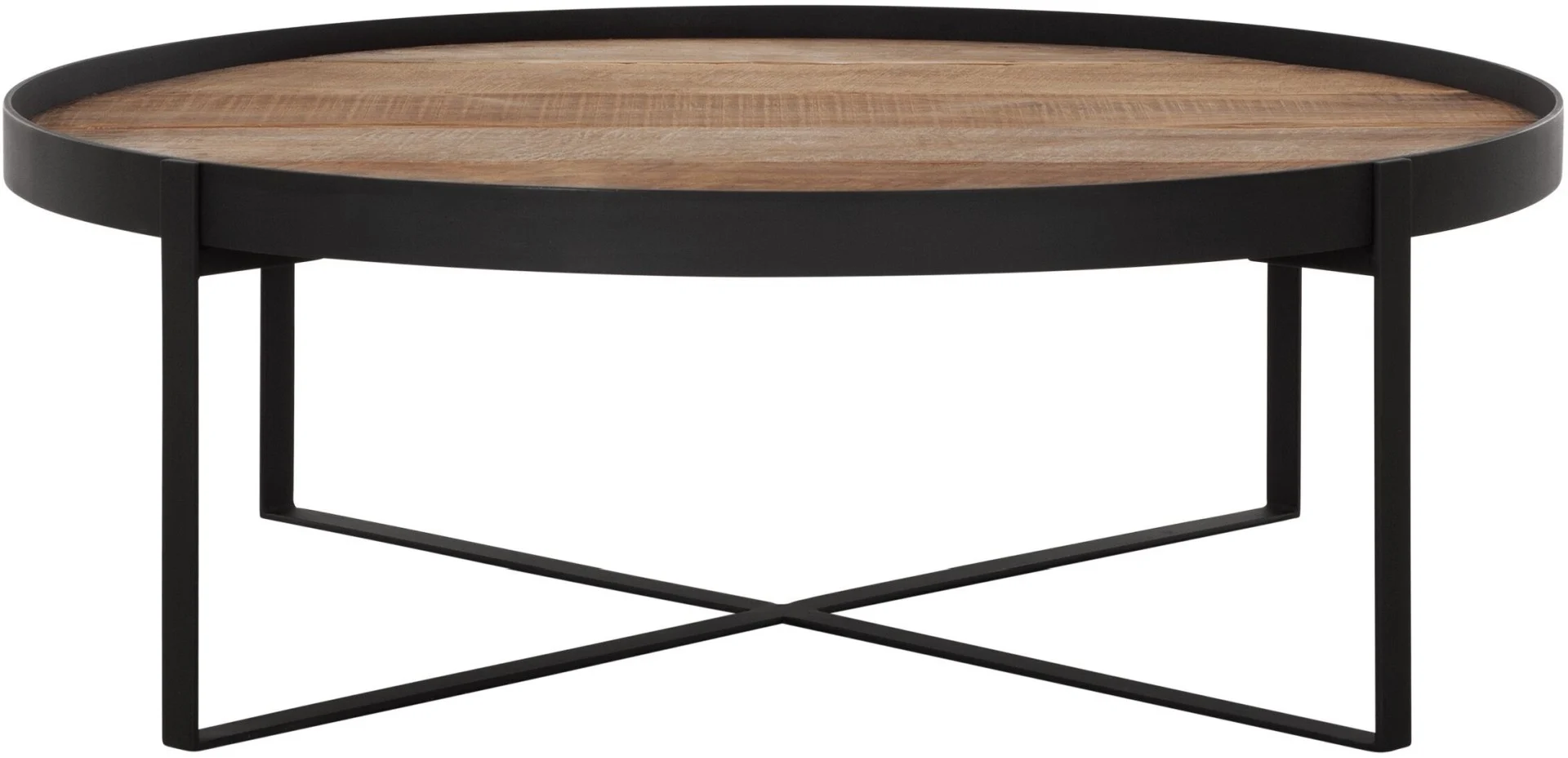 Couchtisch Pluto Teakholz rund, Industrial Design, Natur, Ø 100 cm, schwarzes Metallgestell - dtp Home