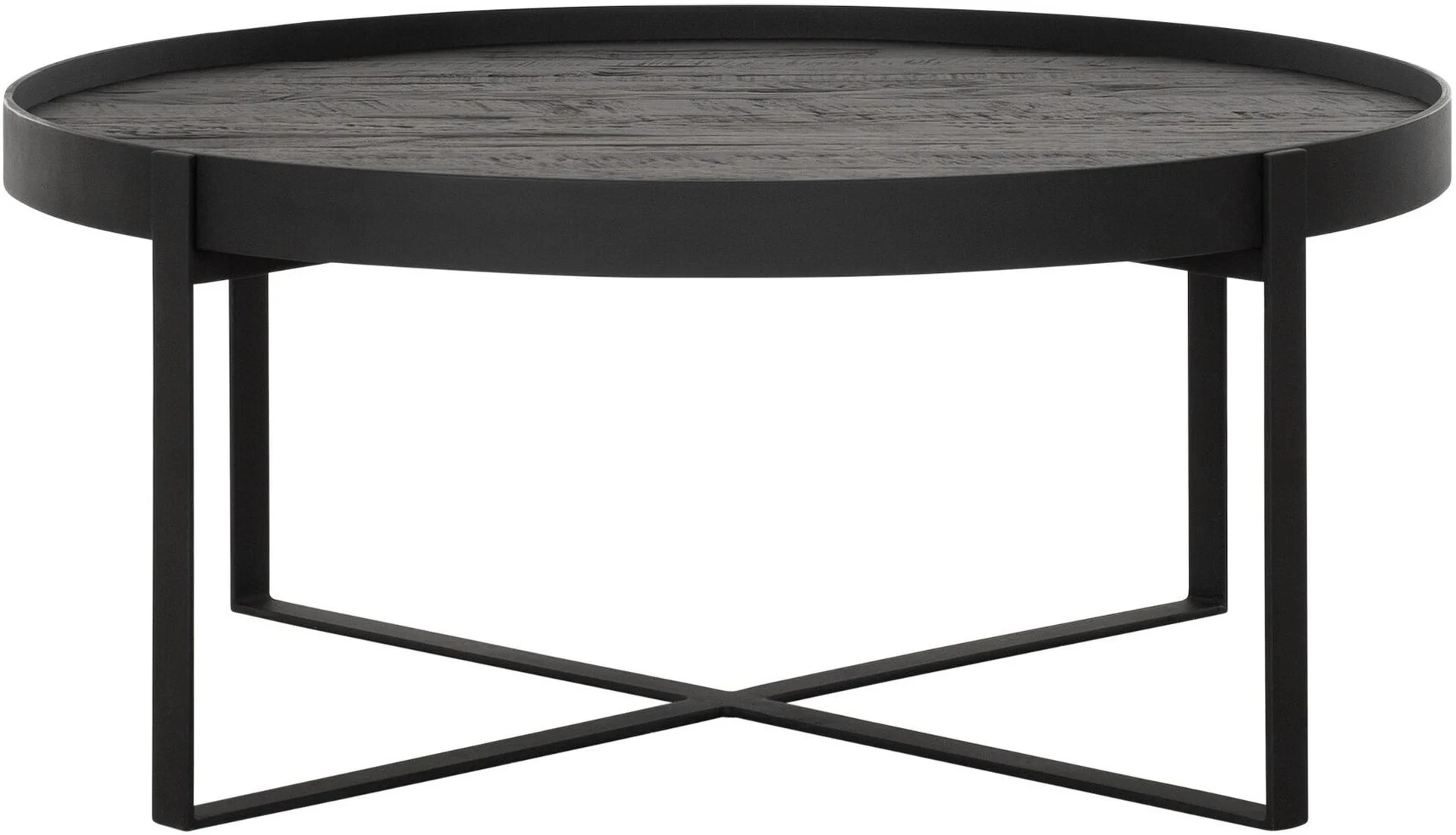 Couchtisch Pluto aus Teakholz, rundes Industrial Design, Schwarz, Ø 80 cm, lackiertes Metallgestell - dtp Home