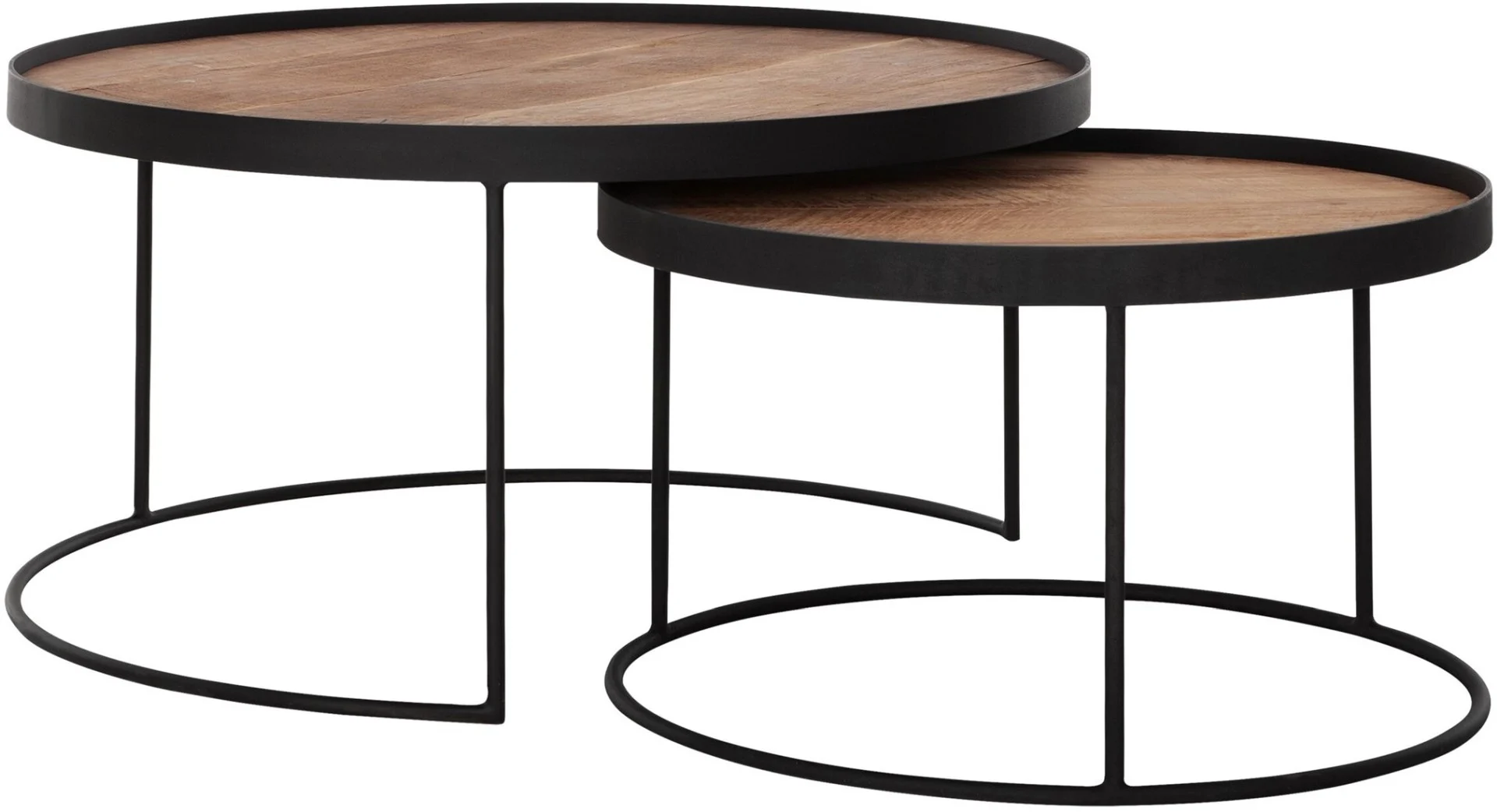 Couchtisch Mercurius 2er-Set aus Teakholz, Industrial Design, rund, Natur, Metallgestell