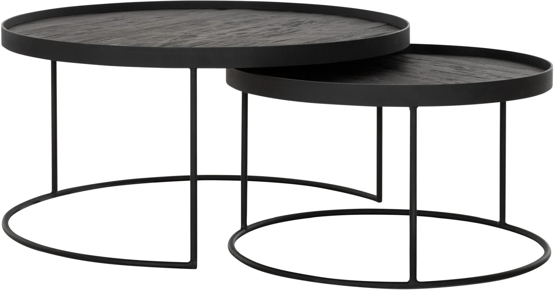 Couchtisch Mercurius 2er-Set aus Teak und Metall, Industrial Stil, schwarz, rund, von dtp Home
