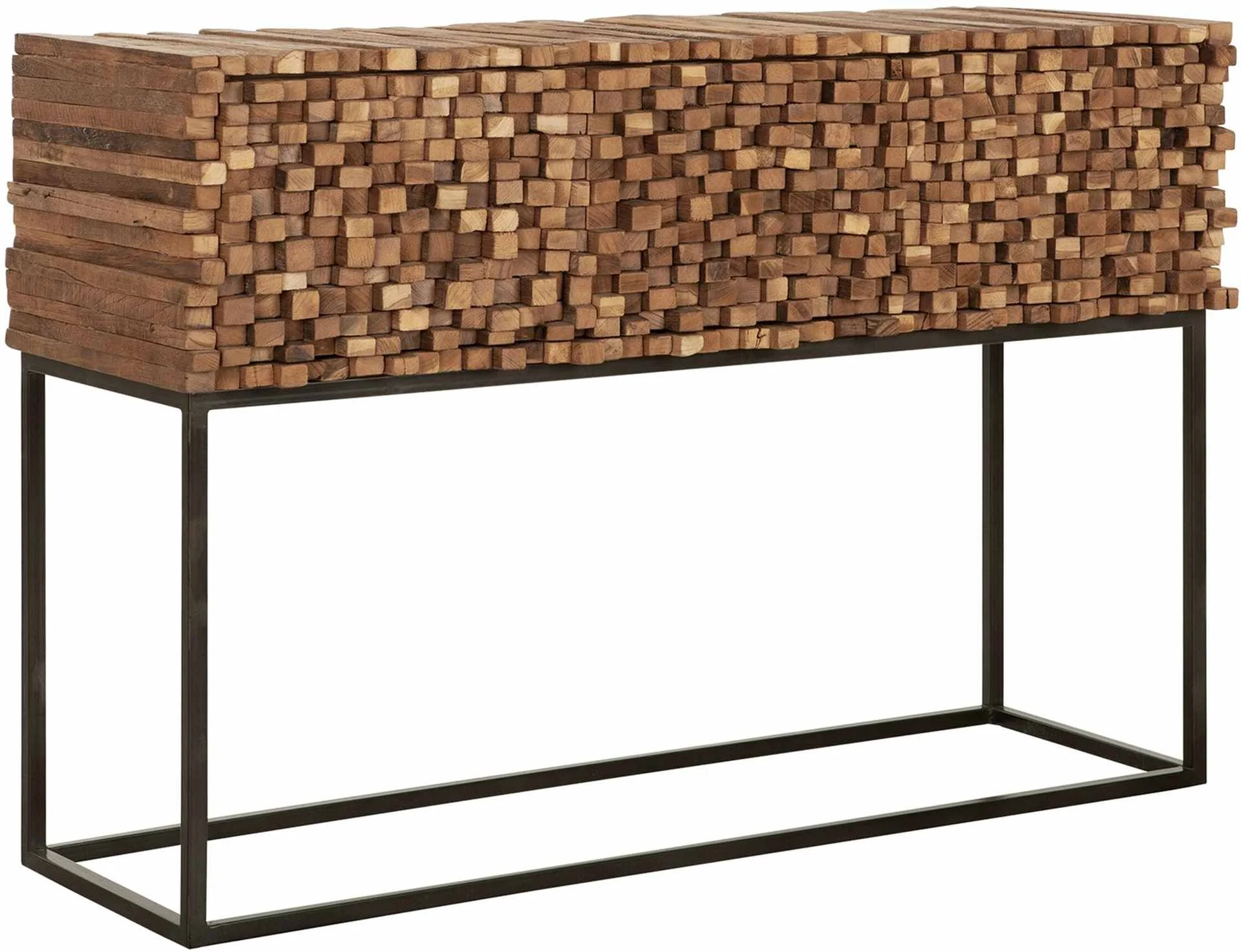 Sideboard Sticks aus Teakholz, massives Design, naturfarben, schwarzes Metallgestell, drei Schubladen - Must Living